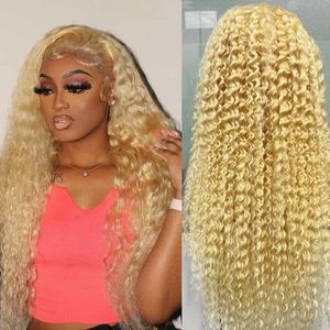 Syntetiska peruker 180 Densitet 613 Spets frontala peruk Mänskligt hår Förplukt Djup Wave Human Hair 13x4 Blond Spets Front Wig For Women 240329