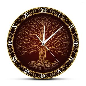 Wall Clocks Nordic Sacred Symbol Druidic Yggdrasil Tree Printed Clock Of Life Viking Mystic Amulet Art Decor Mute Watch