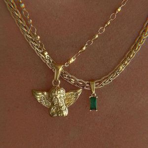 Böhmen Multilayer Cherub Pendant Halsband för kvinnor Trendiga guldplatta stora tjocka kedjehalsband 2021 smycken