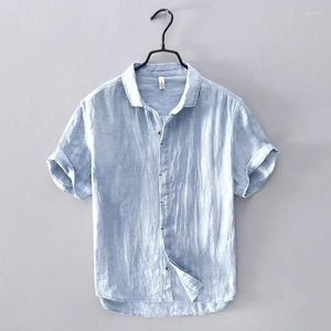 Camicie casual da uomo 2024 Camicia corta giapponese semplice in tinta unita con filatura Oxford per maniche sottili in lino
