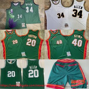 Klasik Retro Otantik Nakış 1995-96 Basketbol 20 Gary Payton Jersey Vintage Green 40 Shawn Kemp Gerçek Dikişli Nefes Alma Sport 2005-06 34 Ray Allen Forma