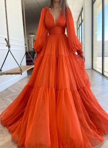 Fashionabla sexiga orange en linje prom klänningar djupa v hals puffiga ärmar ruched golvlängd veck långa kvällar festklänningar med zip2537136