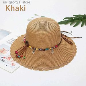 Wide Brim Hats Bucket Hats Summer new womens sun hat bucket hat beige lace bow flower ribbon flat top Str hat beach hat Panama travel hat Y240319