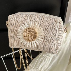 Totes Women Fashion Shopping Bag Casual Zipper STRAW Crossbody Lightweight Breattable Flower Ornament för resesemester dagligen