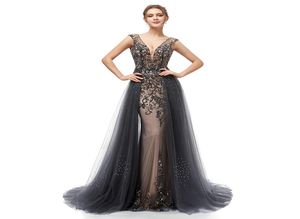 Marineblaues sexy Strand-Luxus-Abschlussball-Hochzeitskleid 2019 Boho tiefes V-Ausschnitt rückenfreies Etui-Brautkleid mit Überrock Vestido De Noiv3168338