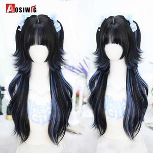 Parrucche sintetiche Parrucche in pizzo AOSI Sintetico Lolita Parrucche lunghe anime ricci Capelli Neri Scegli blu Parrucca cosplay Parrucche in fibra resistente al calore per le donne 240328 240327