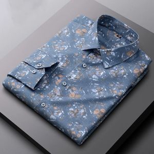 男性用のシャツの長い袖のシャツカジュアルプリントスリムフィットプレーンシャツの弾力性はレトロなトップスエレガントデザイナー服240319