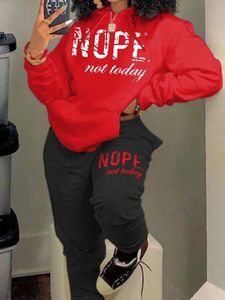 4xl 5xl lw plus size 여자 가을 겨울 캐주얼 후드 긴 슬리브 nope today not letter kangaroo pocket tracksuit set 240305