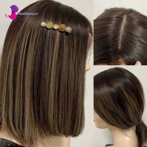 Syntetiska peruker Silk Base Wig Highlight Spets Front Wig Human Hair Light Ash Brown Highlight Wig Human Hair Spets Front 13x4 Short Bob Wigs 240328 240327