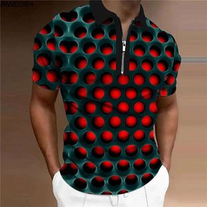 Designer Kort ärmar Herrens dragkedja med kort ärm Lapel Casual Polo Shirt med visuell illusion Tryckt rakt hår {kategori}