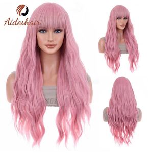 Perucas sintéticas Cosplay Perucas Aideshair Womens Pink Wig Long Fluffy Curly Wavy Hair Wigs para Girl Heat Friendly Sintético Cosplay Party Wigs 240329