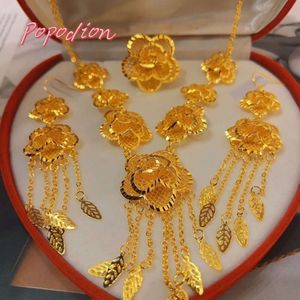 Popodion Dubai Banhado A Ouro Flor Em Forma de Brincos Colar Anel Feminino Jóias de Casamento Conjunto de Três Peças YY10359