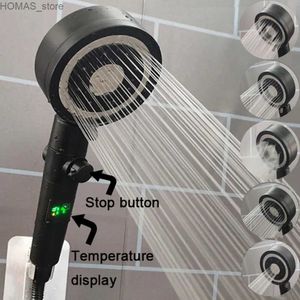 Bathroom Shower Heads Digital Temperature Display Shower Head Black 5 Modes High Pressure Large Flow Spray Nozzle Massage Rainfall Bathroom Shower Y240319