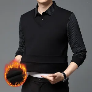 Мужские футболки, мужской свитер, полосатый лацкан с плюшевым теплым трикотажным дизайном, формальный деловой стиль для среднего возраста, приталенный, длинный