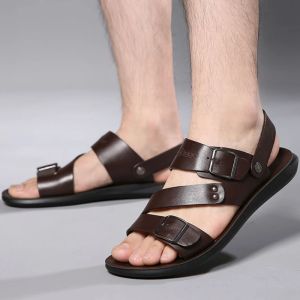 Sandals Men's Double Buckle Sandals Summer Round Head Solid Color Beach Shoes Large Size Outdoor Flat Bottom Slippers Sandalias Hombre