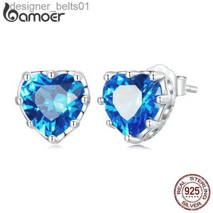 Stud Bamoer 925 Sterling Silver Blue Heart Stud örhängen för kvinnor Fina smycken som lyser Blue Stone Ear Studs Wedding Luxury Giftc24319