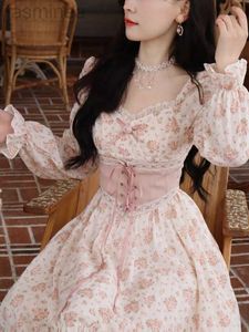 Basic Casual Dresses Spring Pink Floral Dress Women Bandage Sweet Vintage Dress Sleeve Kawaii Dress Women Princess Fairy 24319