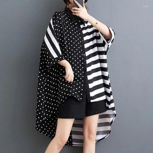 Abiti casual #3844 Abito camicia con stampa a pois Donna Manica a pipistrello Retro Allentato Diviso Giunto asimmetrico Streetwear Corto Femme Estate