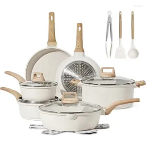 Cookware Sets CAROTE 16 Piece Pots And Pans Set Nonstick White Granite Induction Non Stick Cooking