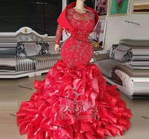 Afrika Kırmızı Rhinestone Denizkızı Gelinlik Dantelli Sparkle Kristal Yemyol Organza Ruffles Katmanlı Nijeryalı Gelinlikler 8428480