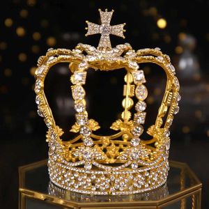 Tiaras Bridal Crown Headdress Baroque Crystal Rhinestone Gold Round Crown Queen Tiara Crown Jewelry Party Wedding Hair Accessories Y240319
