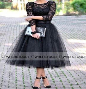 Tea Length Bridesmaid Dresses With 34 Long Sleeve 2019 Black Vintage Lace Tulle Arabic Wedding Party Prom Gowns Cheap Under 100 H8518029