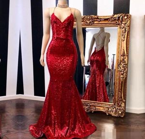 Bling Red Sequins Mermaid Evening Dresses Spaghetti Straps Sexy Backless 2019 Custom Made Plus Size Long Prom Cocktail Party Gowns5551092
