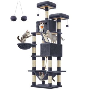 Feandrea Tree, 81.1-inch Large Tower with 13 Scratching Posts, Perches, 2 Caves, Basket, Hammock, Pompoms, Multi-level Plush Cat Condo for Indoor Cats, Smoky