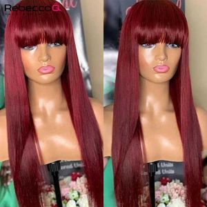 Synthetic Wigs Synthetic Wigs Wear to go 99J Wig Burg Red Bone Straight Human Hair Wig With Bangs For Women Brazilian Remy Hair Colored Halloween Cosplay Wigs 240327