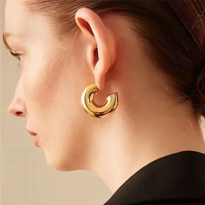 2024 nuovi orecchini a cerchio in metallo spesso geometrici semplici e minimalisti rotondi in oro giallo 14k per gioielli di moda da donna