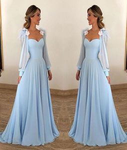 Elegant Sky Blue Chiffon Aline Long Lantern Sleeves Prom Evening Event Dresses High midje Summer Bohemian Axless Prom Party We4845038