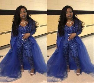 Trendy Jumpsuit Prom Dresses Pants Overskirt Long Sleeve Royal Blue Sequins Party Evening Gowns Robe De Soiree Celebrity Special O4287169