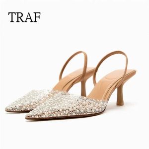 Boots TRAF Summer Women High Heeled Sandals 2023 Fashion Pearl Decoration Slingback Woman Pumps Pointed High Heels Elegant Woman Shoes