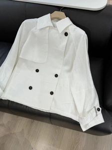 Kvinnans jackor 2024 Spring Linen Double Breasted Coat Beading Chain Casual Breattable Female Turn-Down Collar Jacket