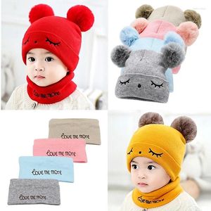 Berets 2pcs maluch hat twitter pompon zimowe dzieci maska ​​bonnet enfant cute cap dla dziewcząt chłopcy 0-24 miesiące