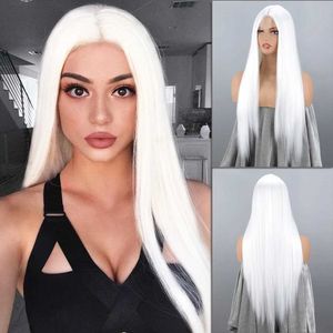 Parrucche sintetiche Parrucche per cosplay Parrucca sintetica bianca lunga e diritta sul davanti senza frangia per le donne Le fibre dei capelli sono resistenti al calore Cosplay da indossare ogni giorno 240328 240327