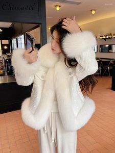 Kvinnors jackor höst och vinter damer vit imitation päls jacka kvinnor högklassiga smala fit långärmad elegant varma faux kappa