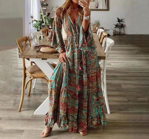 Sıradan Elbiseler Kadın Yaz Plajı Boho Maxi Elbise Bayanlar Vneck Çiçek Baskı Üç Çeyrek Kollu Parti Uzun Leisure3109827