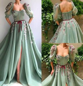 Vintage z koralikami rozdzielonymi balowymi sukienką na linię kochanie w połowie długim rękawem koronkowe aplikowane suknie wieczorowe w rozmiarze plus w rozmiarze