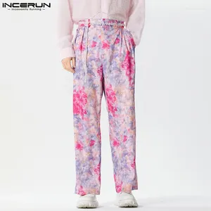 Pantaloni da uomo INCERUN Dritto Fiore Stampa Button Jogging Pantaloni Larghi Casuali Uomini Streetwear 2024 Moda Coreana S-5XL