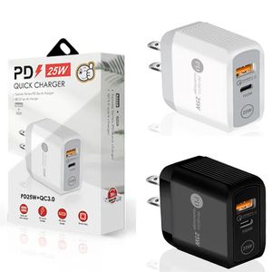 شاحن PD A + C Type-C 25W مع QC3.0 Adaptive Fast Charging USB Mobile Port Wall Travel Actrgers for iPhone Fast Chargers EU US Samsung Android هواتف