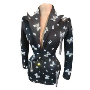 2023 Boutique Abbigliamento Nero Profondo v Cristallo Farfalla Giacca da palcoscenico Paillettes Party Blazer Cappotti Donna Club sexy