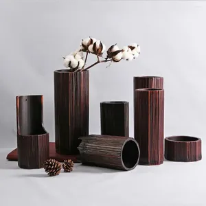 Decoração de festa clássico japonês natural vaso de bambu forma de cilindro arranjo de flores vaso diy jardinagem casa 7 tamanho