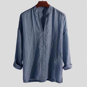 Männer Casual Hemden Chinesischen Stil Leinen Einfarbig Baggy Und Blusen V-ausschnitt Langarm Pullover Tops Shirt Mann Kleidung