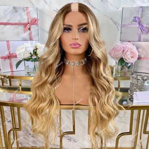 Synthetic Wigs Synthetic Wigs Ombre Golden Ash Blonde Natural Wave V Part 100% Human Hair Wigs Brown Side/Middle Open Wig Glueless Body Wave U Shape Full End 240327