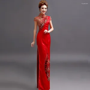 Ethnic Clothing Bridal Red Qipao Gold 3D Lace Flower Wedding Dress Performance