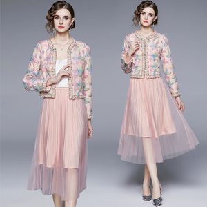 Autumn Winter 2st Set Pink Sweet Floral Nail Bead Pearls Oneck Cardigan Tall midje Ballgown Pleated Kirt Suits Outfits 240315