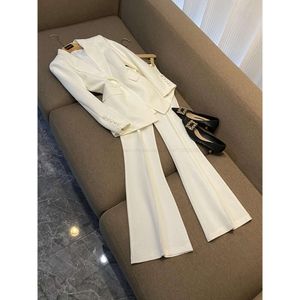 2024 Autumn White / Black Solid Color Two Piece Pants Set Long Sleeve Notched-Lapel Single-Breasted Blazer Blazers Flare byxor Arbetsbyxor Set 2 O3G302262