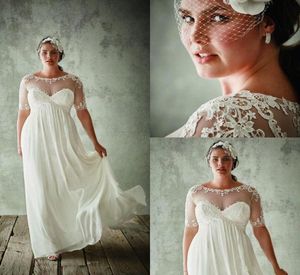 Jenny Packham Plus Size Vestidos de casamento com meia manga Sheer Jewel A Line Lace Appliqued Chiffon Empire Cintura Vestido de noiva Bri5215710