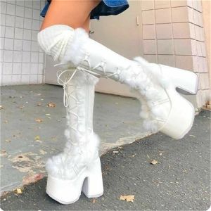 النعال نساء أحذية ركبة الأحذية نساء 2023 منصة أزياء الخريف شتاء الكعب العالي بوتاس ويدج كعب Booster Boots Women’s Boots